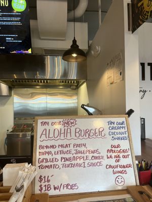 Aloha Burger special sign  at Veggie Bomb in Kamloops