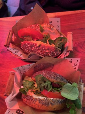 both vegan bagels (the lighting is off because of a heat lamp nothing else) #Veganuary at Best Bagel Basilica in Budapest