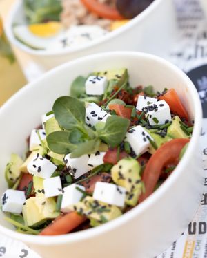 Brutal Vegan Salad with vegan Greek Cheese at Best Bagel Basilica in Budapest