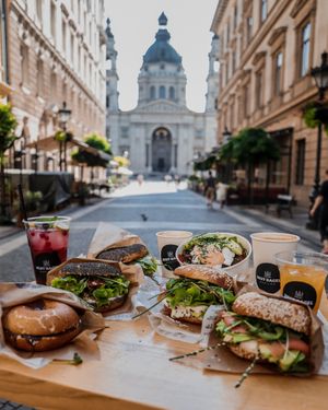 Vegan Bagel Heaven with this  amazing view at Best Bagel Basilica in Budapest