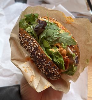 Avocado, vegan cream cheese, vegan feta, sun dried tomato, fresh green salad, vegan Mediterranean red mayo   at Best Bagel Basilica in Budapest