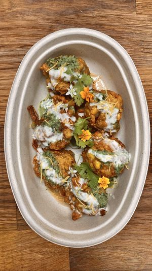 Corn & Chive Pakora Chaat  at Samosa Shack in Kingston