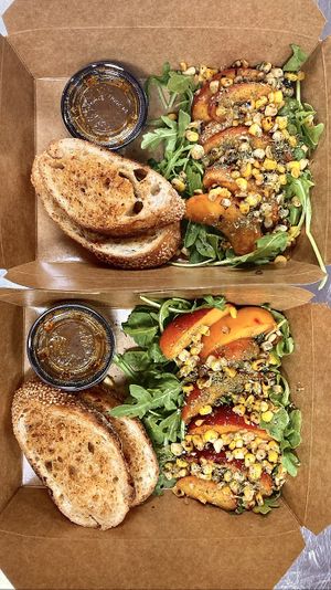 Peach Arugula Panzanella Salad   at Samosa Shack in Kingston