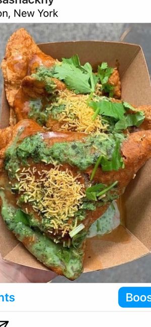 Samosas, three flavors every week:

*potato pea cilantro 
*sweet potato spinach 
*tofu tikka masala  at Samosa Shack in Kingston