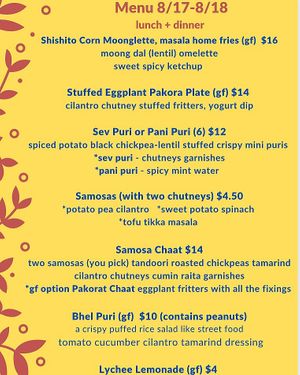 Weekly menu - breakfast for lunch/dinner 
Thurs - Fri 8/17-8/18
Lunch 12-2
Dinner 4-6.30
Text your order come pickup in half hour. Maybe a bit longer if we’re jammed - 914.90 at Samosa Shack in Kingston
