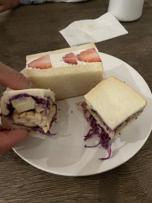 Finally got my strawberry sandwich!!! Bread was old but very good cream. For some reason I had to order it along with this gross tempeh sandwich in a “vegan sandwich” set  at Chaya Macrobiotics - Hibiya in Tokyo