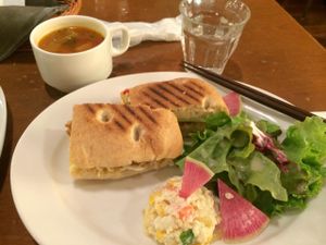 Vegetable panini set with potato salad, green salad, and soup cup at Chaya Macrobiotics - Hibiya in Tokyo