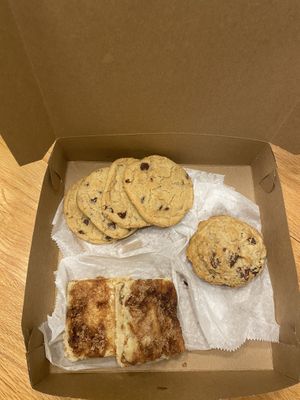 Chocolate chip cookies, maple pecan scone, coffee cake   at Woodstock Pie & Coffee Company in North Woodstock