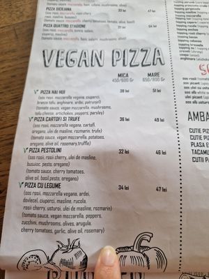 The different options for pizza at Pizzano in Alba Iulia