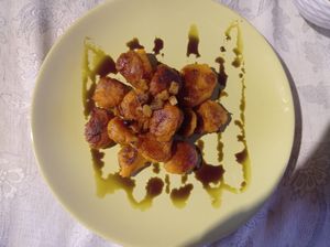 Dödölle is a local speciality from potatoes. Pumpkinseedoil makes it amasing meal. at Menedék in Ispank