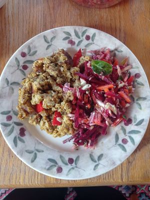 Vegan omlett with fresh salad at Menedék in Ispank