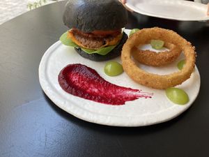 Burger, onion ring, and beet sauce  at ARP - 아르프 in Busan