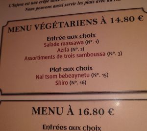 veggie menu at Massawa Restaurant in Paris