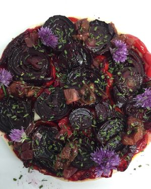 Roasted beetroot and red onion tarte tartin with spiced plum chutney and chive  at Lamingtons in Biggar