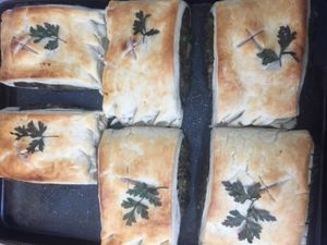 Vegan sausage rolls served as takeaway or sit in with salads at Lamingtons in Biggar