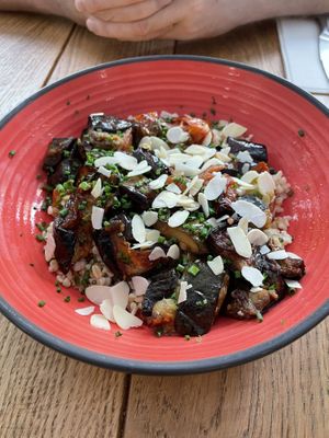 Roasted aubergine, tomato and courgette with bulgur wheat   at The Bench Café in Paris