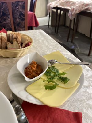 Homemade roasted pepper spread & vegan cheese   at PiranArt Restaurant & Gelateria & Caffeteria in Piran