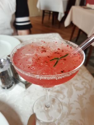 Grapefruit-rosepepper mocktail was delicious and very pretty at PiranArt Restaurant & Gelateria & Caffeteria in Piran