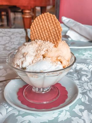 Malaga, Raffaello & some other cream ice cream with chocolate & pistachio on top at PiranArt Restaurant & Gelateria & Caffeteria in Piran