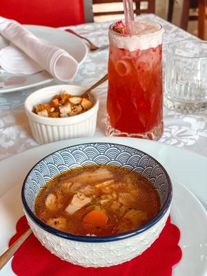 Soup on the house & rose - raspberry ice tea at PiranArt Restaurant & Gelateria & Caffeteria in Piran