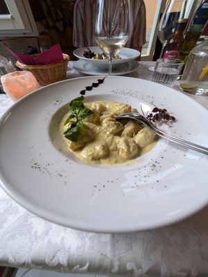 pistachio gnocchi (front) Genovese gnocchi (back) at PiranArt Restaurant & Gelateria & Caffeteria in Piran