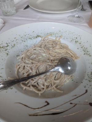 Cheesy temptation pasta in vegan at PiranArt Restaurant & Gelateria & Caffeteria in Piran