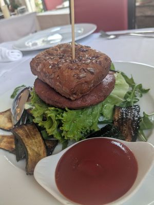 Gluten free vegan burger at PiranArt Restaurant & Gelateria & Caffeteria in Piran