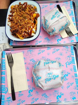 Loaded fries and classic burger (: at Flip n Dip in Vienna