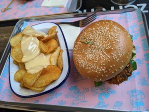 Burger with cheesy fries at Flip n Dip in Vienna