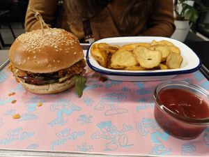 Crispy Chik'n Burger with Homestyle Fries and Ketchup at Flip n Dip in Vienna