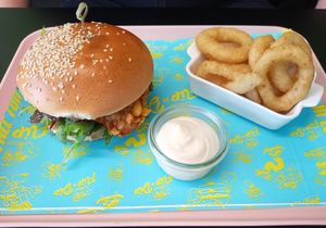 Crispy Chik'n burger & Onion rings at Flip n Dip in Vienna