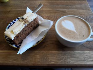 Carrot cake and oat flat white at Jungle Electric in East London
