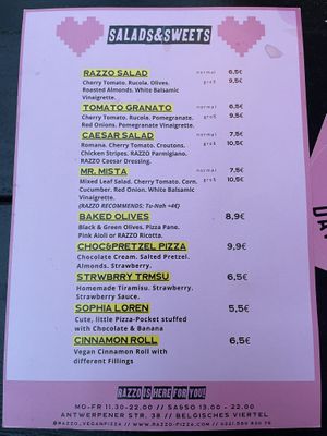 Menu - sideorders and desserts   at RAZZO Vegan Pizza Bar in Cologne
