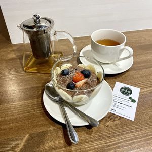 Delicious chia seed dessert with tea  at Zirael Vegan Restaurant in Kyoto