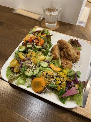 Crispy soy meat with beautiful greens   at Zirael Vegan Restaurant in Kyoto