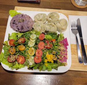 The dumplings weren't super flavorful but great salad and rice #Veganuary at Zirael Vegan Restaurant in Kyoto
