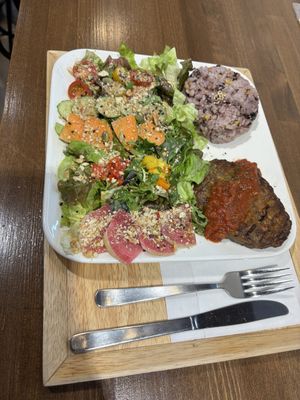 Meatless Hamburger Plate  at Zirael Vegan Restaurant in Kyoto