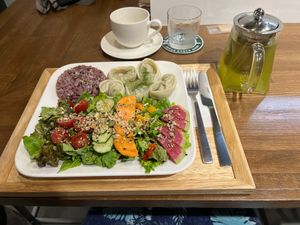I would not have come across this vegan restaurant if it hadn’t been featured on my hotel’s restaurant guide. It is off the main road, but easy to find with Google maps. I recommend it! Pictured: spring onion dumplings. at Zirael Vegan Restaurant in Kyoto