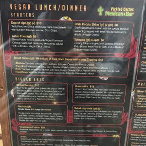 Vegan Options Menu as of June 2017 at Pickled Cactus Mexican Restaurant in Biggera Waters