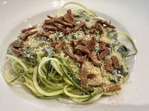 Spinach cheese with zucchini pasta  at Veganerie - Kingkeaw in Bangkok