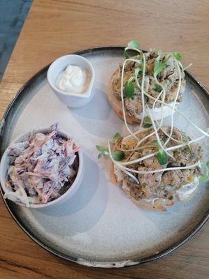 Vegan tuna melt made with pulled jackfruit, home made coleslaw. at Eat.Co in Bangkok