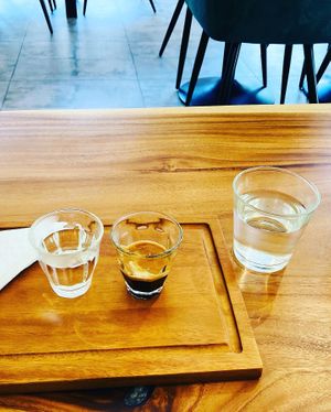 Expresso with hot water on side (yah!) and also free cold water at Eat.Co in Bangkok