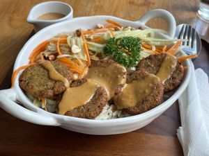 Great balls of fire AKA tom yum falafels, the main dish of the Thursday set menu, which is 299 baht (plus 10% service charge) and includes a drink and a bliss ball.  at Eat.Co in Bangkok