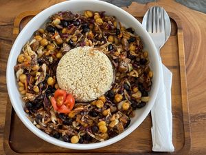 Bean me up (stir-fried beans), the main dish on the Wednesday set menu, which also includes a drink and a bliss ball for 299 baht (plus 10% service charge).  at Eat.Co in Bangkok