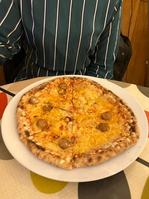 Sausage, pineapple, sweetcorn, chilli oil pizza  at Hooper's in Swansea