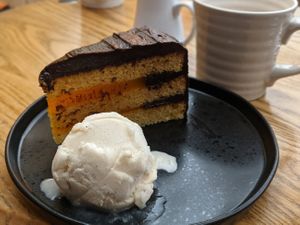 Jaffa cake cake with vanilla ice-cream (all vegan) at Hooper's in Swansea