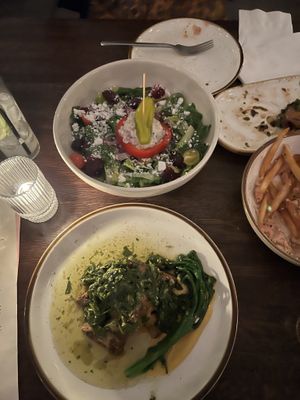 Greek salad and a tempeh dish   at Good Intentions in St Petersburg