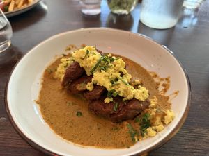 Steak and eggs, sauce was perfectly spicy  at Good Intentions in St Petersburg