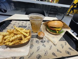 Cajun fries, Cheesy One burger, Monkey Nut dip & Ginger Vince Ale  at VINCENT - The Playce in Berlin