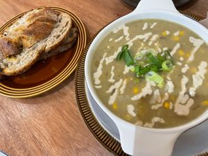 Corn chowder soup with sourdough bread   at Third Culture in East London